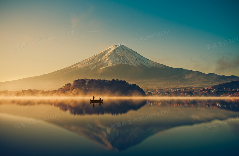 富士山与平静湖面风景背景图片素材免费下载 熊猫办公