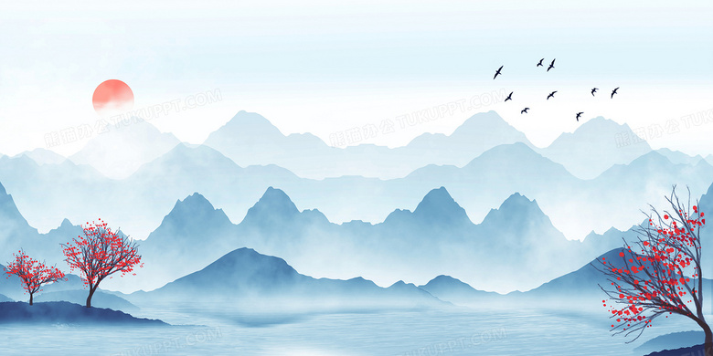 蓝色清新中国风水墨山水风景画背景背景图片素材免费下载_熊猫办公
