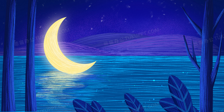 治愈系手绘线圈风插画湖上的月亮背景图片素材免费下载 熊猫办公
