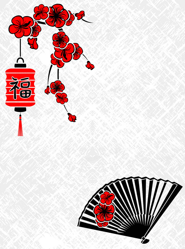 矢量中国风水墨红梅灯笼折扇背景背景图片素材免费下载