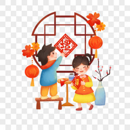 手绘卡通小孩子们抓蝌蚪场景免抠素材