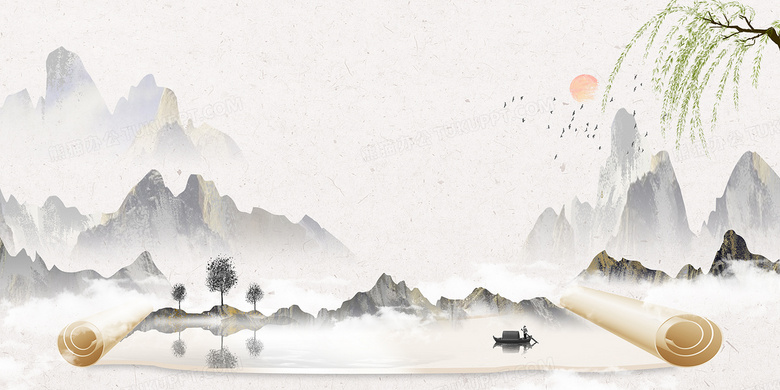 中国风画卷山水水墨画意境创意中国风背景