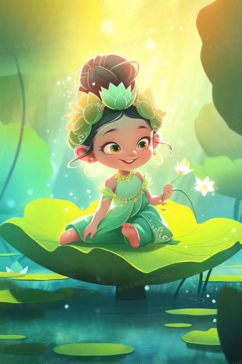 仙子的修行 绿色的 花仙子 荷叶 插画仙子的修行 描绘 绿意盎然 花仙子 池塘 意境