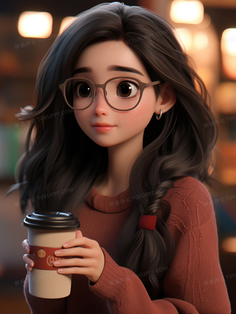 3d咖啡厅拿着咖啡的女孩插画图片素材下载_jpg格式_熊猫办公