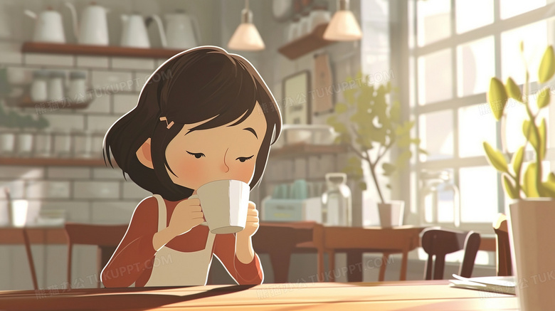 坐在咖啡厅里品尝咖啡的女孩插画图片素材下载_jpg格式_熊猫办公