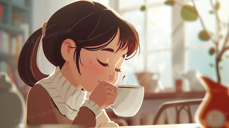 坐在咖啡厅里品尝咖啡的女孩插画图片素材下载_jpg格式_熊猫办公