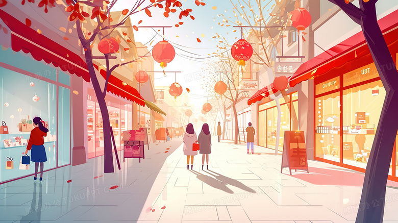 春节步行街逛街的人们插画图片素材下载_jpg格式_熊猫办公