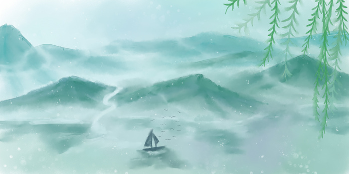 水墨风柳条山河背景图