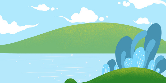 蓝色手绘卡通湖面风光背景