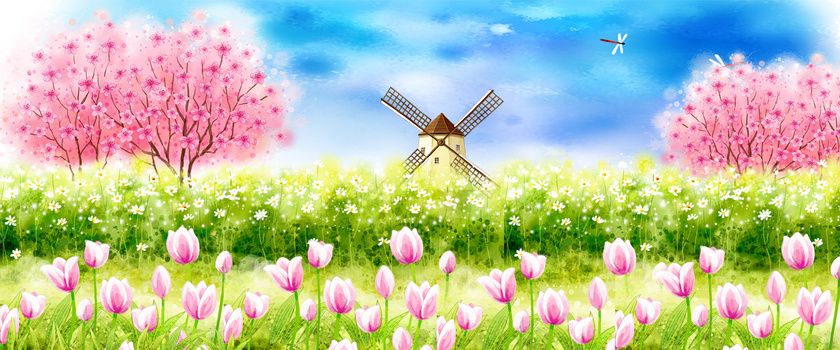 手绘卡通风车背景