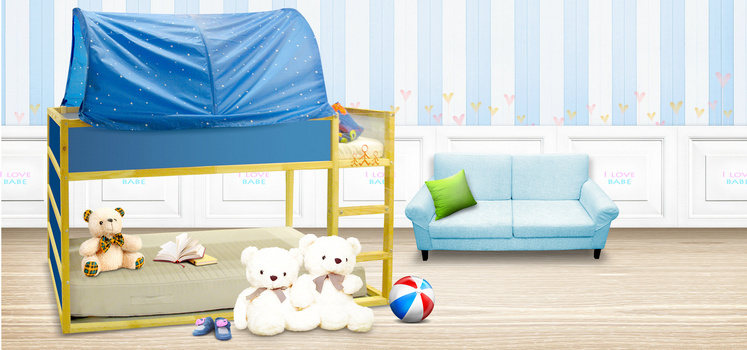 唯美简约儿童小床玩具小熊沙发海报banner