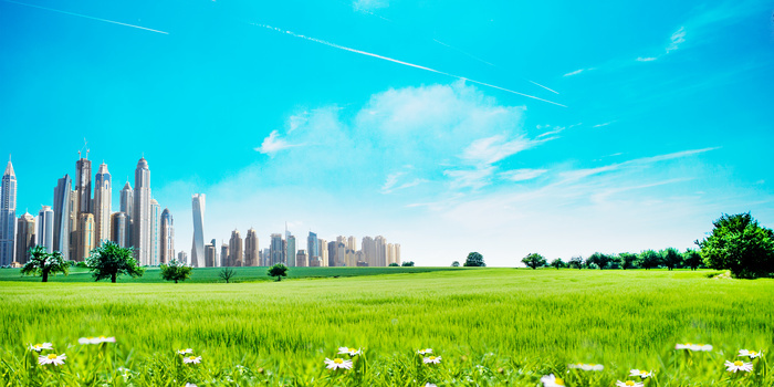 蓝天白云草地城市环境绿化背景