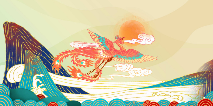 国潮中国风凤凰飞天插画背景