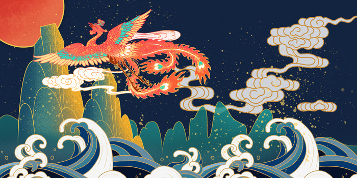 创意大气手绘国潮插画复古蓝色中国风清新凤凰背景