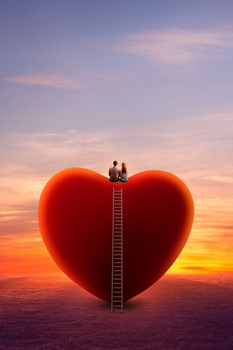 夕阳情侣爱心气球情人节背景