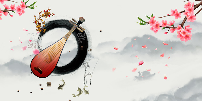 传统中国风水墨桃花琵琶背景