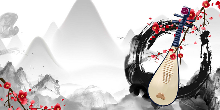 中国石墨山水古典乐器琵琶背景