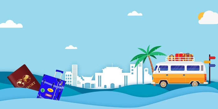 大气手绘卡通蓝色剪纸风旅行海报背景