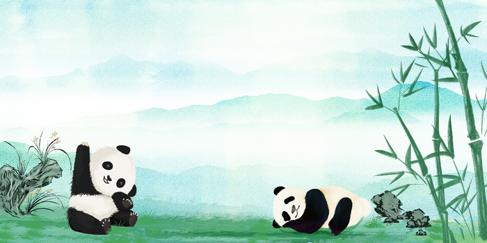 水墨竹子可爱熊猫清新中国风背景