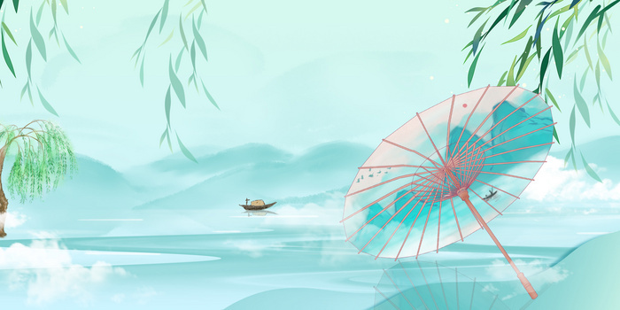 唯美青山绿水油纸伞古风背景
