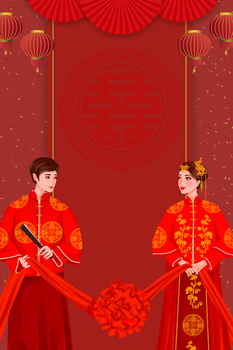 红色大气中式新郎新娘结婚背景