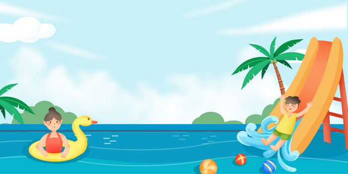 手绘清新蓝色卡通水上乐园儿童玩耍背景