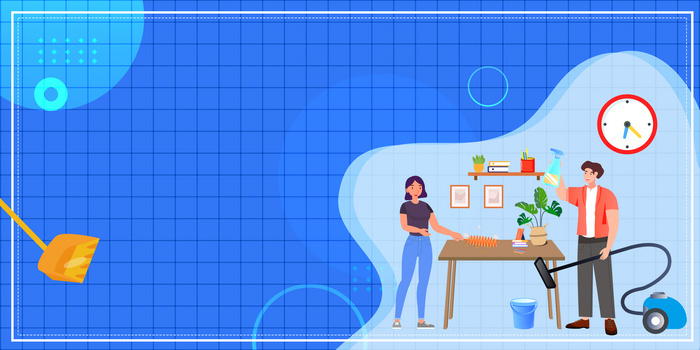 蓝色扁平风家庭大扫除卫生清理背景