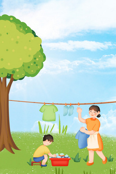 卡通手绘洗衣服晾晒背景