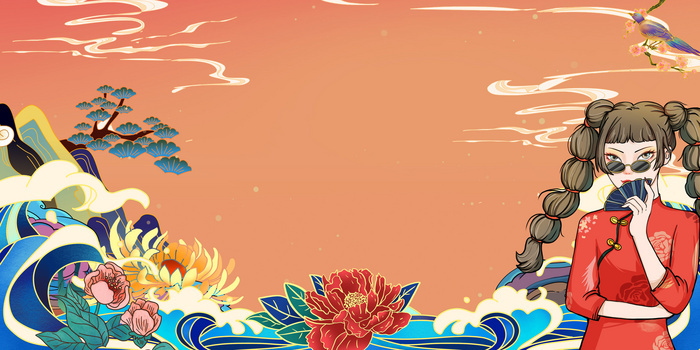 红色国潮风美人背景