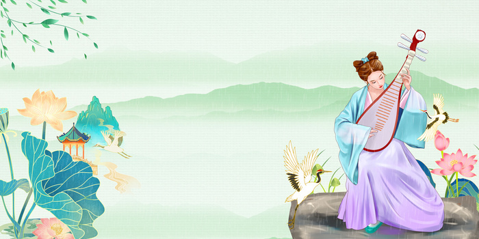 古风汉服美女新式中国风山水画背景