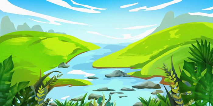 手绘自然人文景观小溪插画背景
