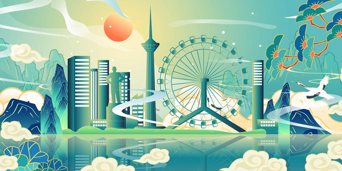 国潮创意天津地标建筑手绘插画系列背景