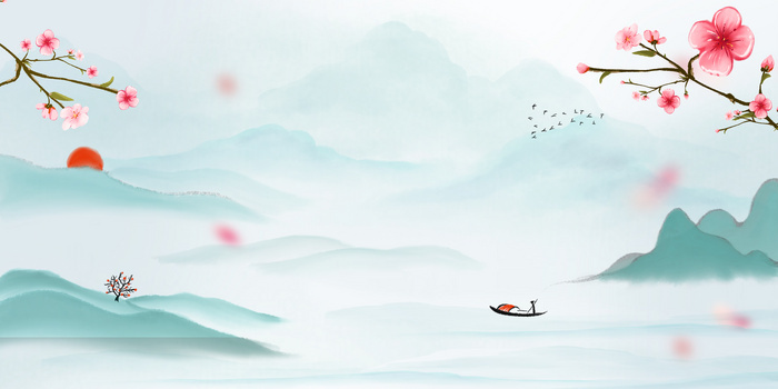 4722 x 2361格式: psdjpgpsd简约水墨画山水桃花背景像素:1920 x 600