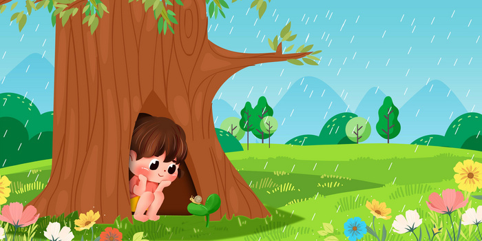 插画风树洞合成卡通背景