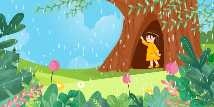 创意插画风树洞躲雨背景