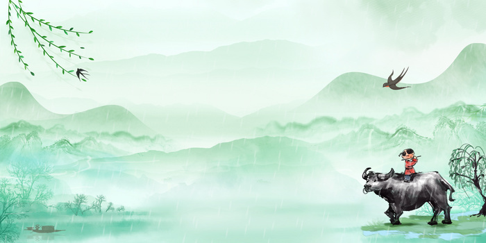 水墨山水清明牧童合成背景