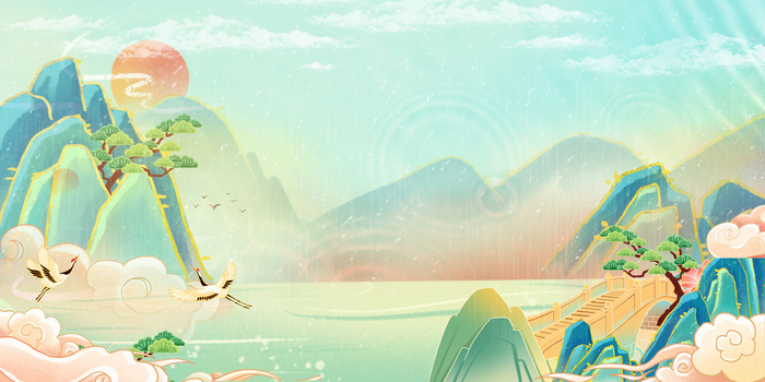 简约中式山水桥梁建筑背景