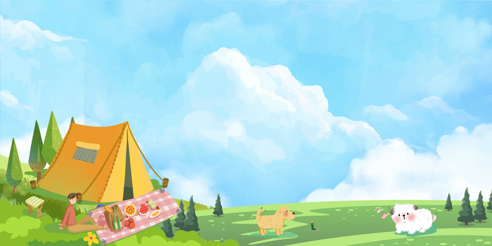 可爱卡通插画风帐篷春游背景