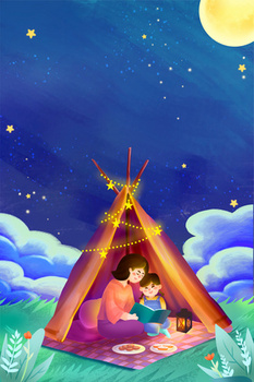 夜晚露营母子温馨夜空卡通帐篷背景