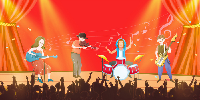 校园音乐节乐队歌手卡通插画风背景