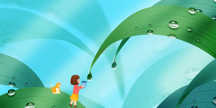 白露节气卡通可爱的露水插画树叶文艺背景