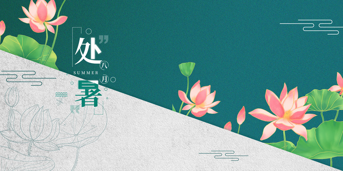 处暑节气拼色线描合成荷花背景