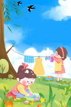 插画风格洗衣服做家务儿童背景