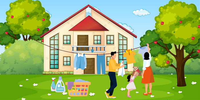 手绘卡通风一家人晾衣服背景图