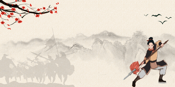 手绘线描风花木兰习武练兵器背景