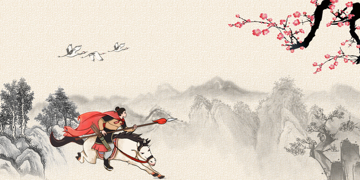 手绘线描风花木兰骑马冲锋背景