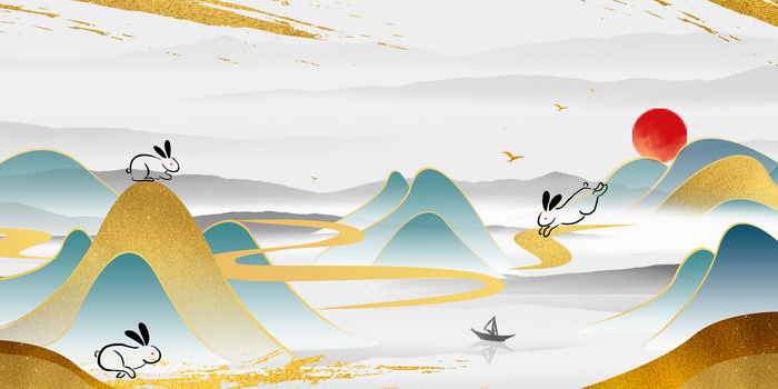 鎏金中国风兔年2023金色水墨背景