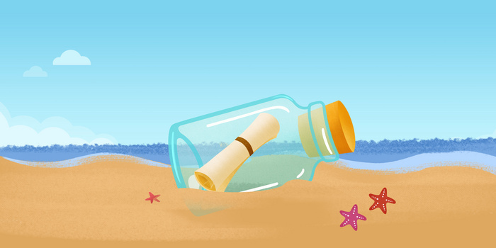 蓝色沙滩海洋漂流瓶背景
