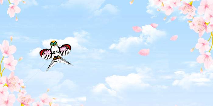 小清新春天桃花放风筝纸鸢蓝天白云背景