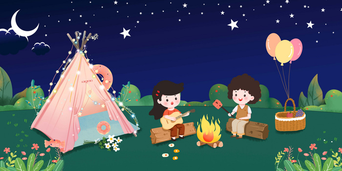 夜晚星空露营帐篷女孩篝火插画卡通背景